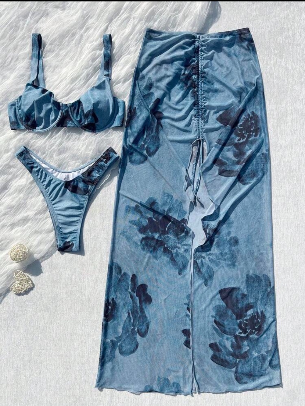 Women’s Blue Floral Bikini Set with Sheer Mesh Skirt
